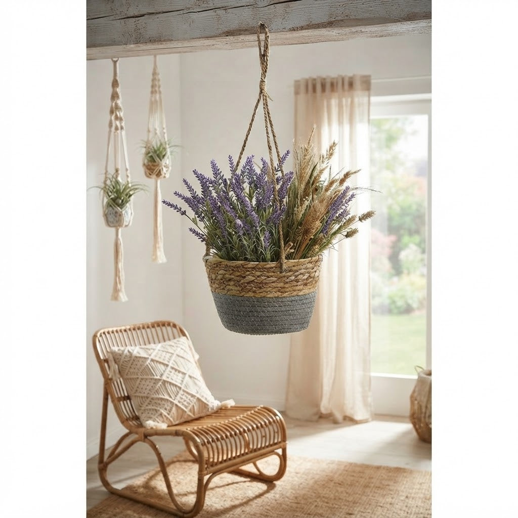 Hanging Rattan Planter Basket with Rope | Handwoven Seagrass Wicker Flower Pot Holder for Indoor Plants & Balcony Decor