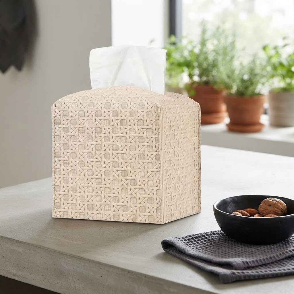 Handwoven Rattan Square Tissue Box Cover | Wicker Napkin & Tissue Dispenser Holder for Living Room, Coffee Table & Car