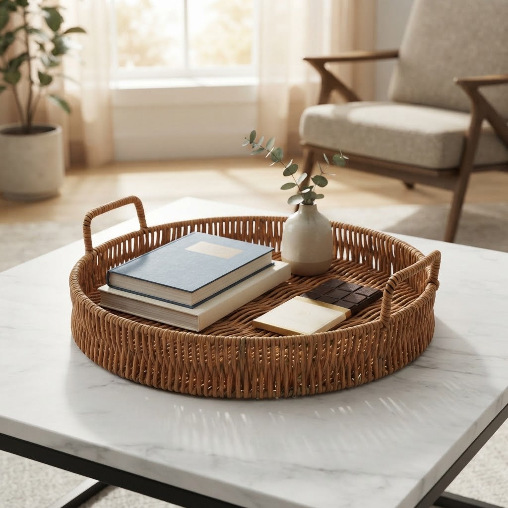 Handwoven Rattan Snack & Fruit Basket | Wicker Serving Basket for Bread, Cake, Tea, Snacks & Fruits in Living Room