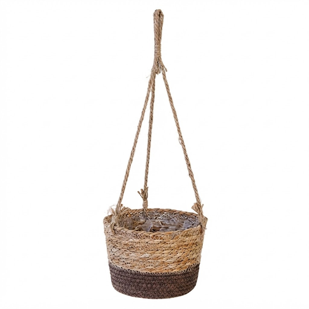 Hanging Rattan Planter Basket with Rope | Handwoven Seagrass Wicker Flower Pot Holder for Indoor Plants & Balcony Decor