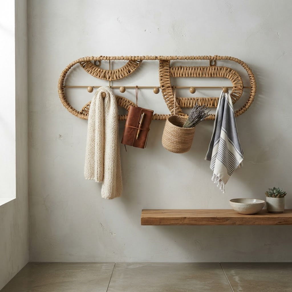 Handwoven Rattan Wall Shelf & Key Holder | Creative Wicker Wall Mounted Organizer for Bedroom, Living Room & Entryway