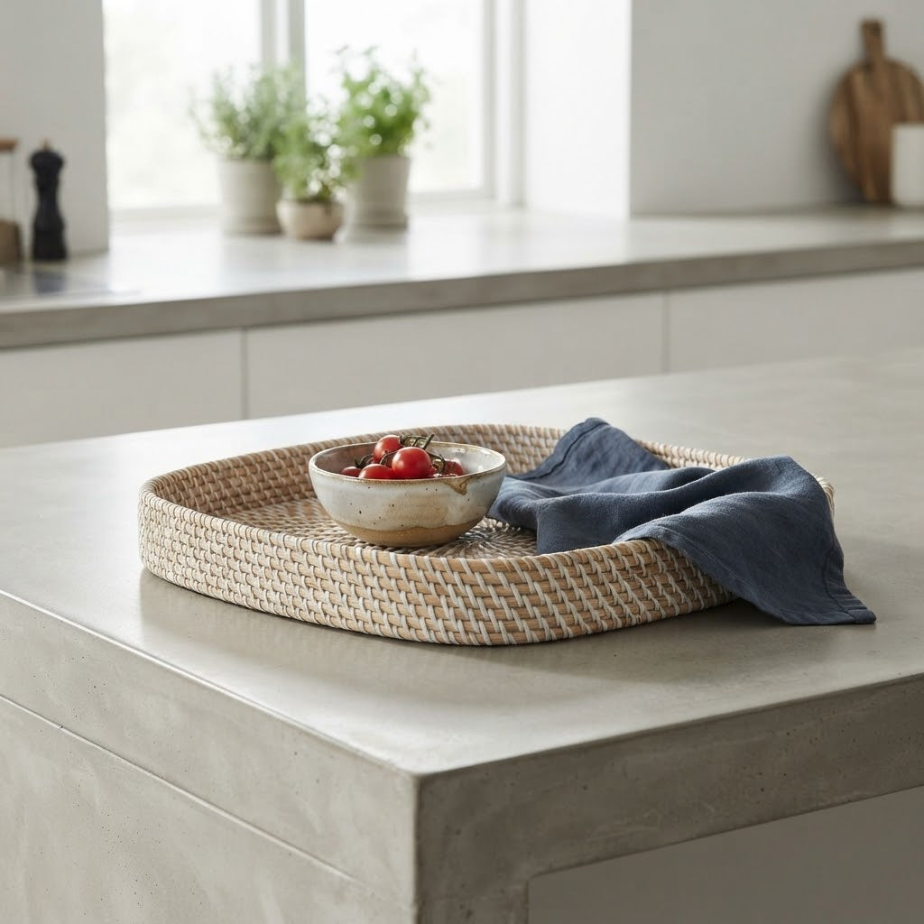 European Style Handwoven Rattan Fruit Tray | Wicker Serving Tray & Fruit Bowl for Coffee Table, Light Luxury Home Decor