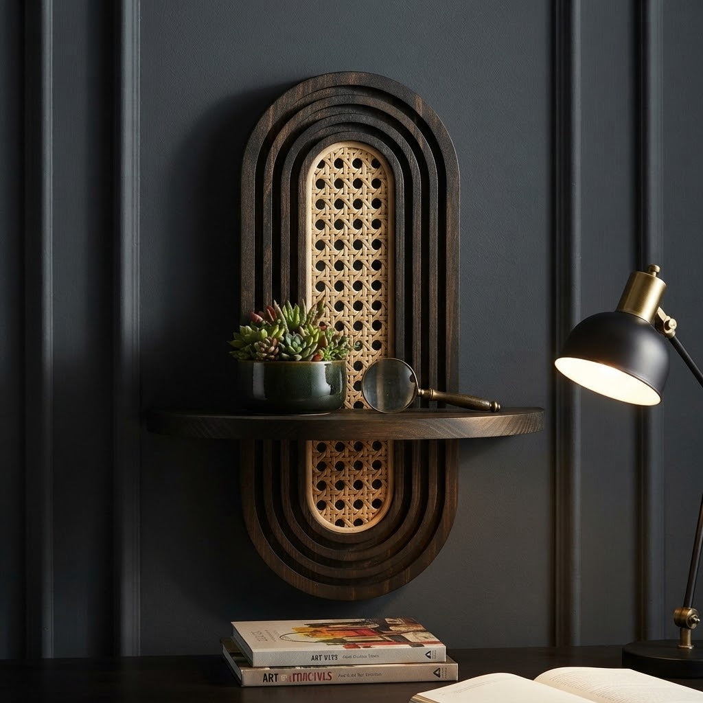 Vintage Mid-Century Rattan Wall Shelf | Handwoven Wicker Floating Shelf for Plants, Small Plant Display & Boho Wall Decor
