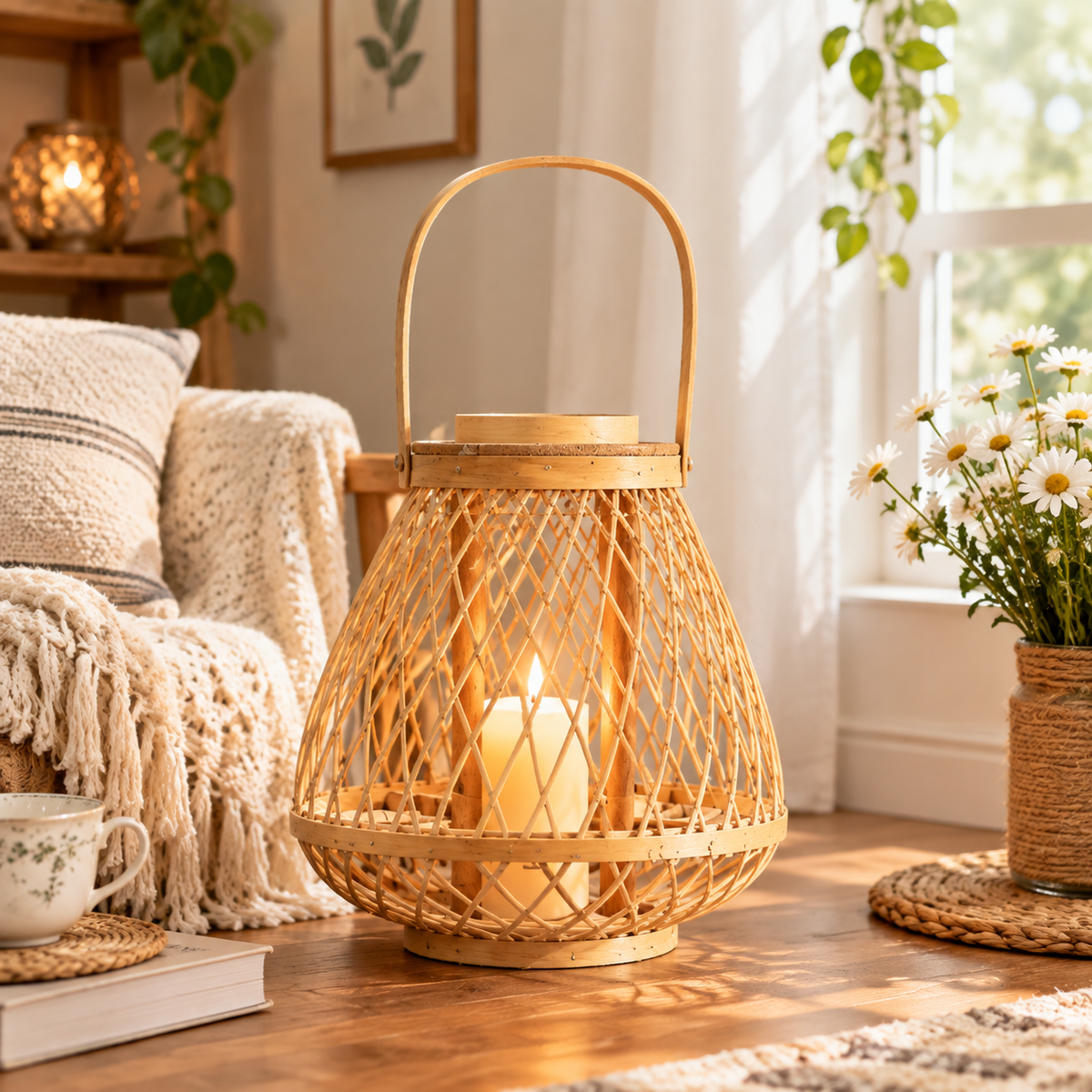 Handwoven Rattan Hanging Lantern Candle Holder | Boho Bamboo Wind Lamp for Dining Table, Balcony & Bed and Breakfast Decor
