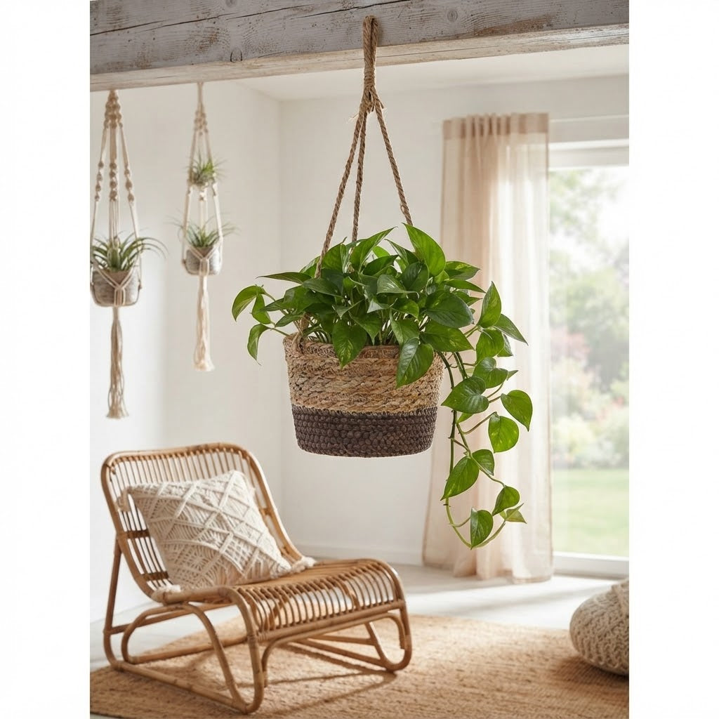 Hanging Rattan Planter Basket with Rope | Handwoven Seagrass Wicker Flower Pot Holder for Indoor Plants & Balcony Decor