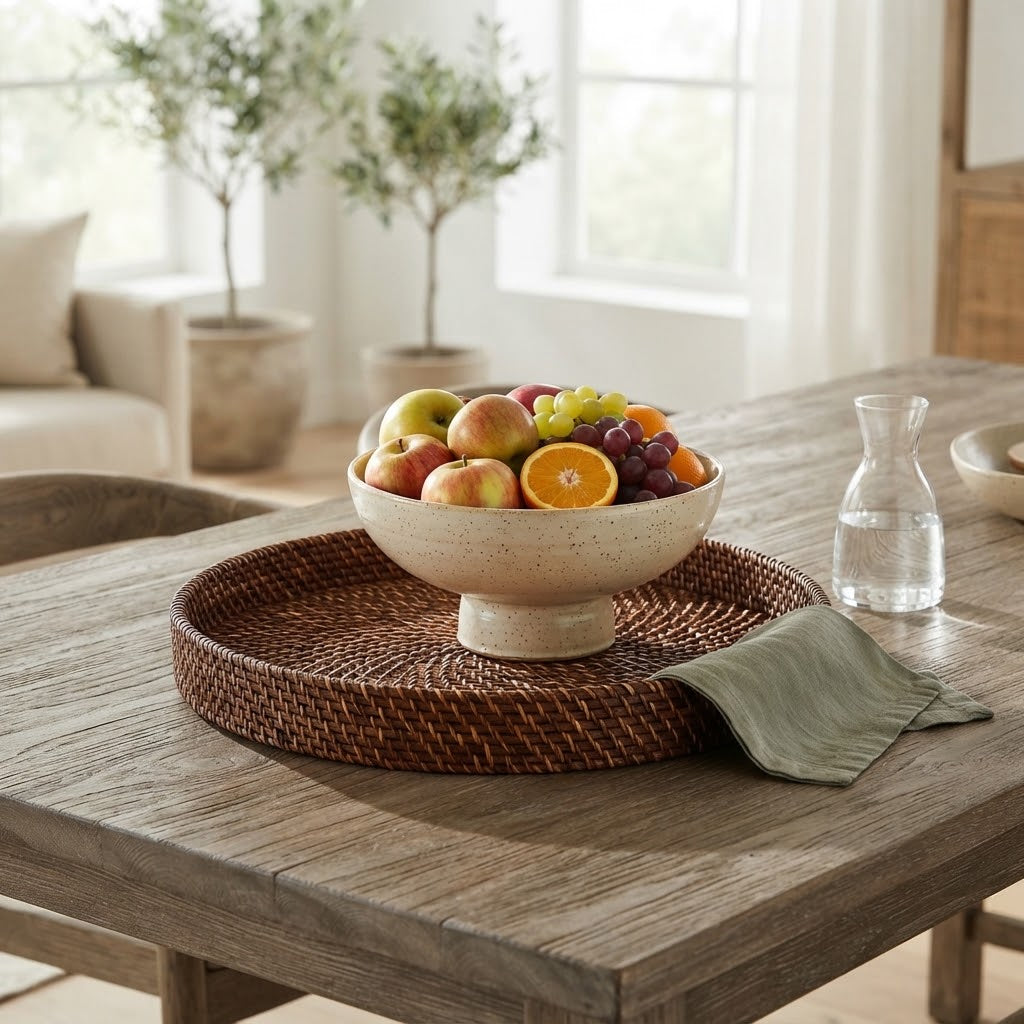 European Style Handwoven Rattan Fruit Tray | Wicker Serving Tray & Fruit Bowl for Coffee Table, Light Luxury Home Decor