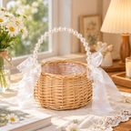 Handwoven Rattan Pearl Flower Basket with Handle | Wicker Gift Basket for Weddings, Baby Shower & Flower Shop Arrangements