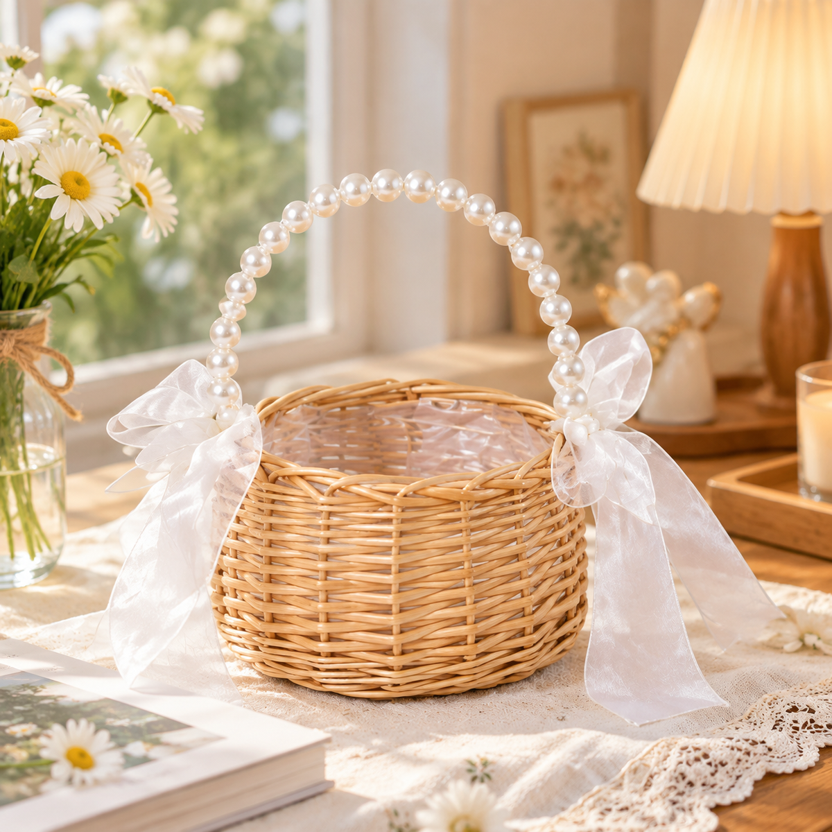 Handwoven Rattan Pearl Flower Basket with Handle | Wicker Gift Basket for Weddings, Baby Shower & Flower Shop Arrangements