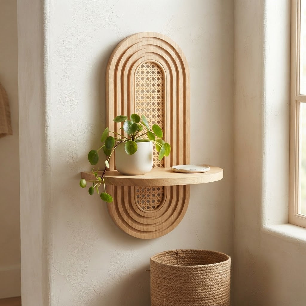Vintage Mid-Century Rattan Wall Shelf | Handwoven Wicker Floating Shelf for Plants, Small Plant Display & Boho Wall Decor