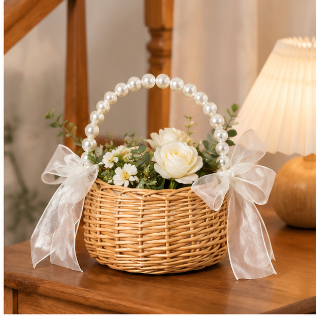 Handwoven Rattan Pearl Flower Basket with Handle | Wicker Gift Basket for Weddings, Baby Shower & Flower Shop Arrangements