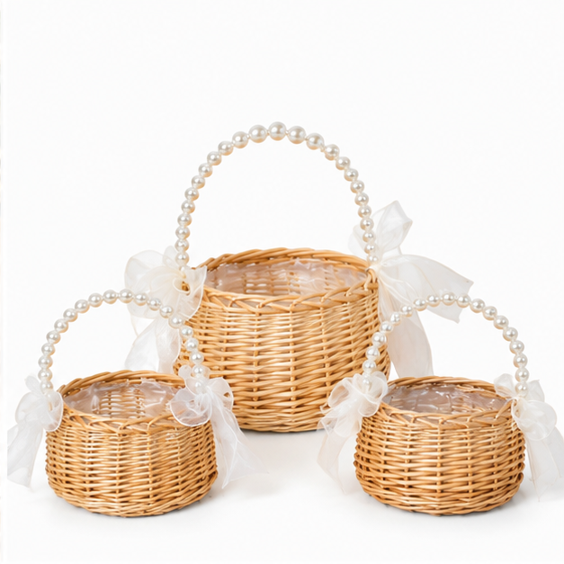 Handwoven Rattan Pearl Flower Basket with Handle | Wicker Gift Basket for Weddings, Baby Shower & Flower Shop Arrangements