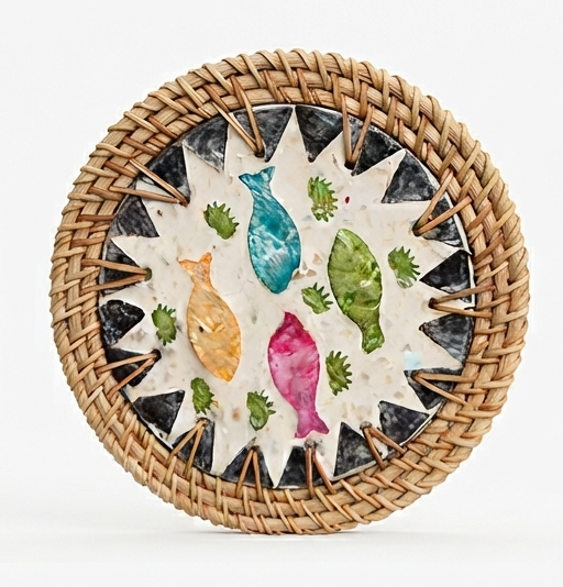 Handwoven Rattan Coasters with Shell Inlay | Natural Wicker Trivet & Placemat Set for Kitchen & Boho Table Decor