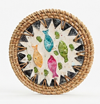 Handwoven Rattan Coasters with Shell Inlay | Natural Wicker Trivet & Placemat Set for Kitchen & Boho Table Decor