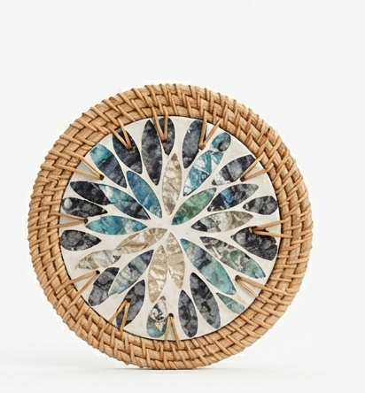 Handwoven Rattan Coasters with Shell Inlay | Natural Wicker Trivet & Placemat Set for Kitchen & Boho Table Decor
