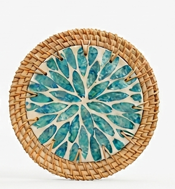 Handwoven Rattan Coasters with Shell Inlay | Natural Wicker Trivet & Placemat Set for Kitchen & Boho Table Decor