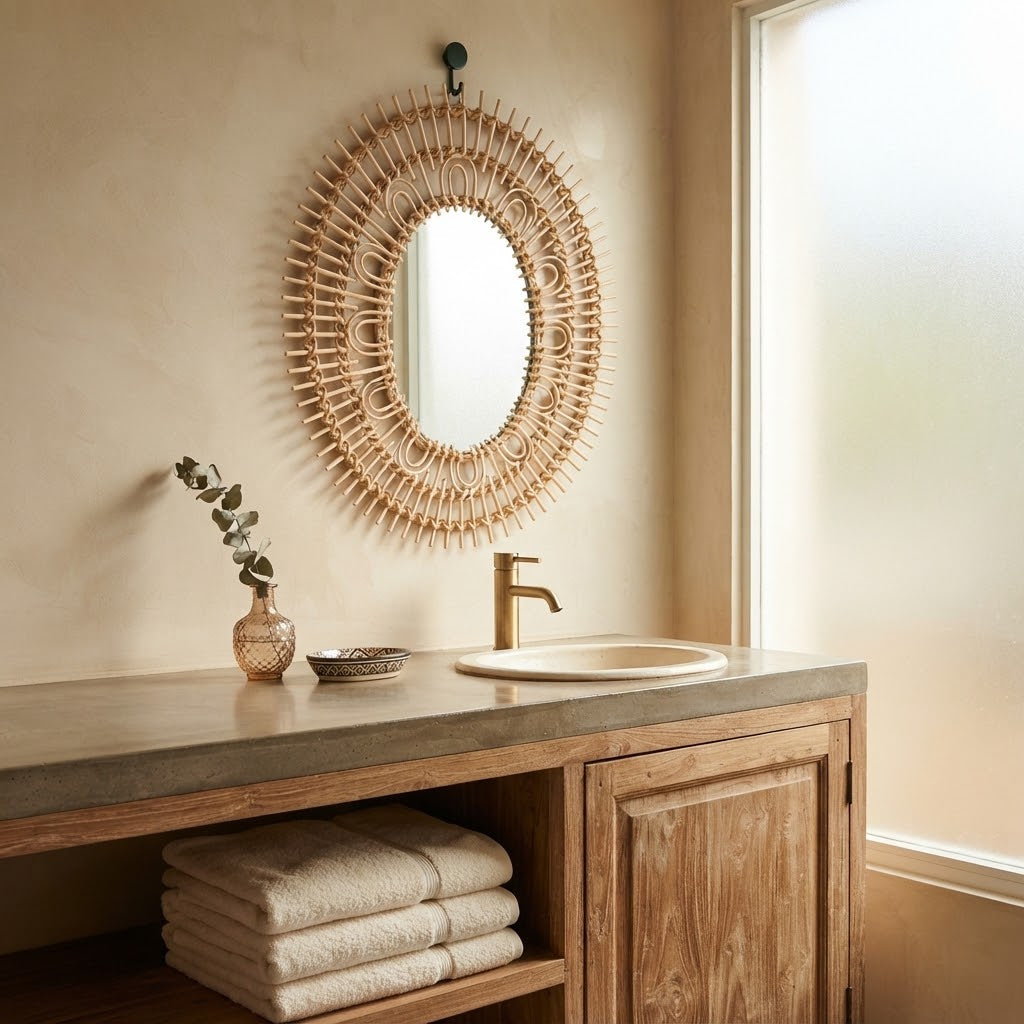 Handwoven Rattan Mirror | French Vintage Boho Decorative Wicker Mirror for Bedroom, Vanity & Home / B&B Decor