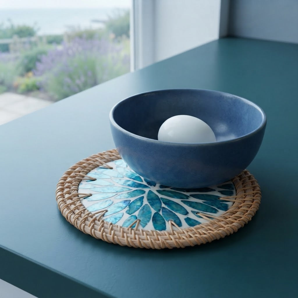 Handwoven Rattan Coasters with Shell Inlay | Natural Wicker Trivet & Placemat Set for Kitchen & Boho Table Decor