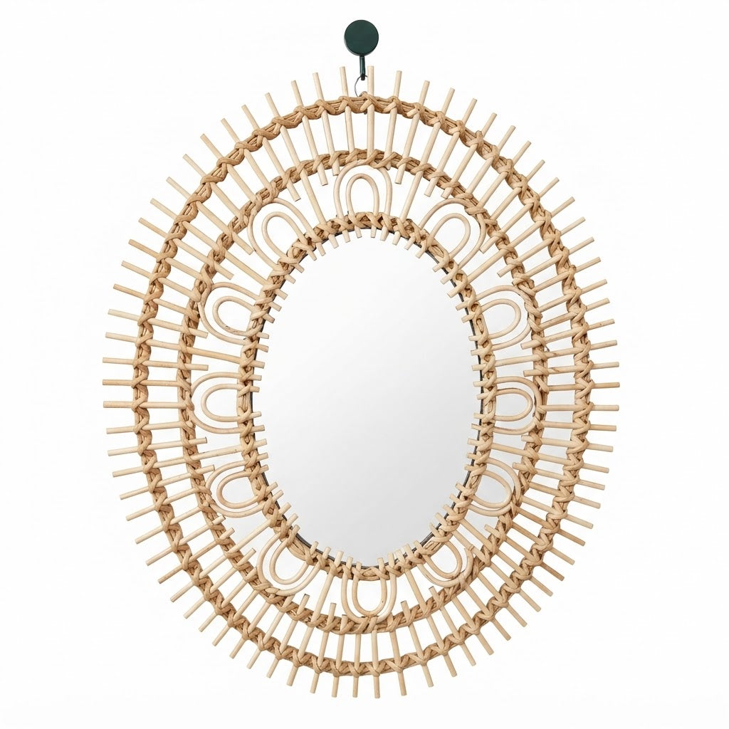 Handwoven Rattan Mirror | French Vintage Boho Decorative Wicker Mirror for Bedroom, Vanity & Home / B&B Decor