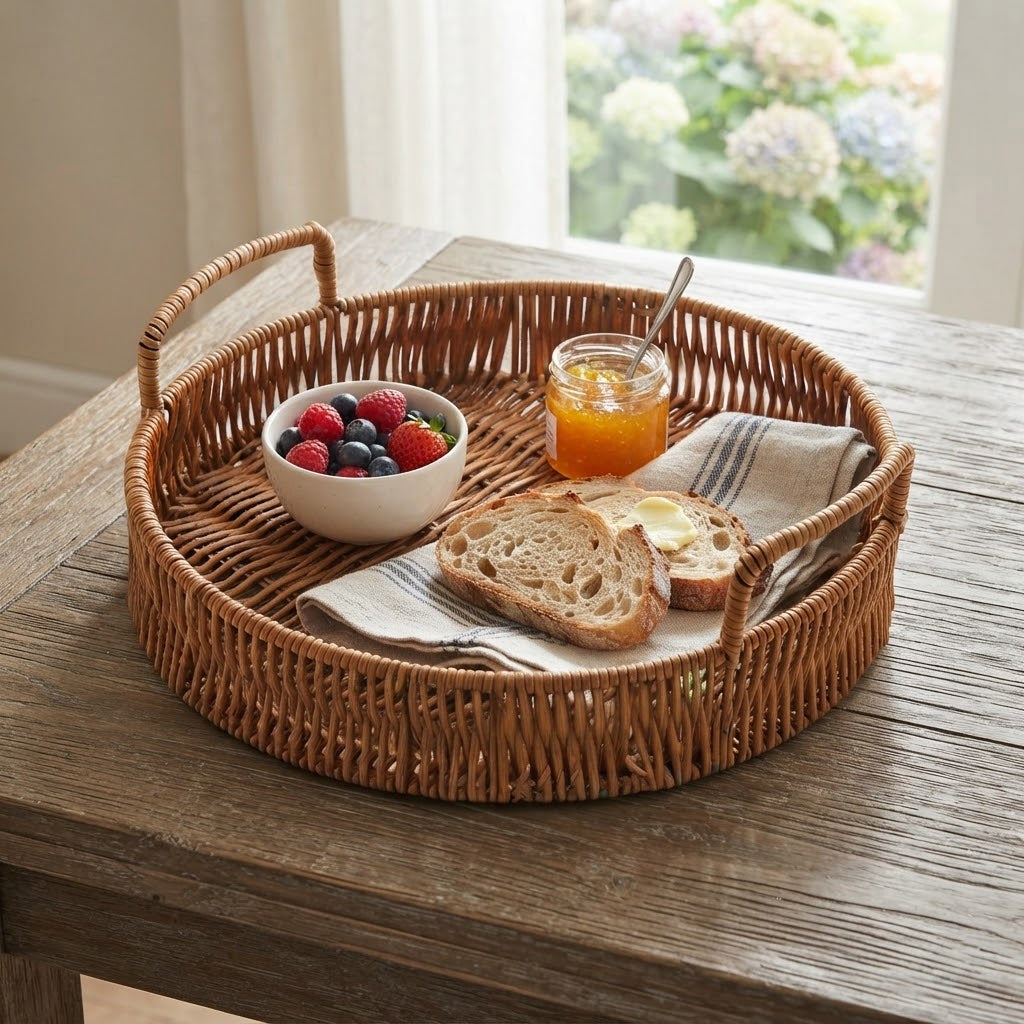 Handwoven Rattan Snack & Fruit Basket | Wicker Serving Basket for Bread, Cake, Tea, Snacks & Fruits in Living Room