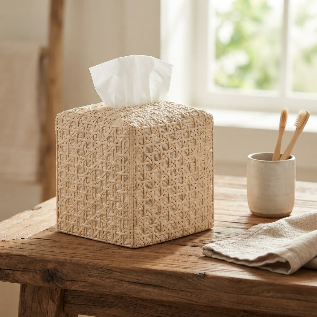 Handwoven Rattan Square Tissue Box Cover | Wicker Napkin & Tissue Dispenser Holder for Living Room, Coffee Table & Car