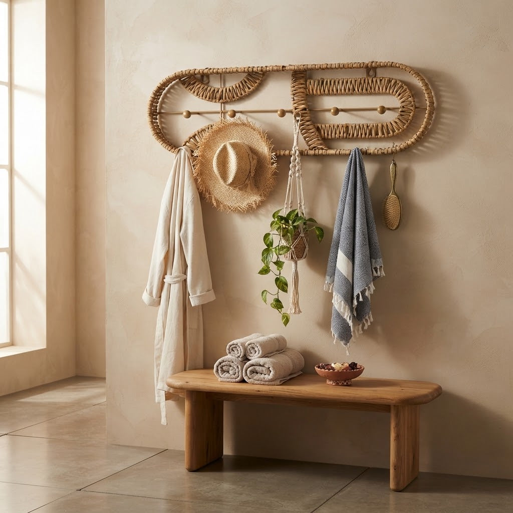Handwoven Rattan Wall Shelf & Key Holder | Creative Wicker Wall Mounted Organizer for Bedroom, Living Room & Entryway